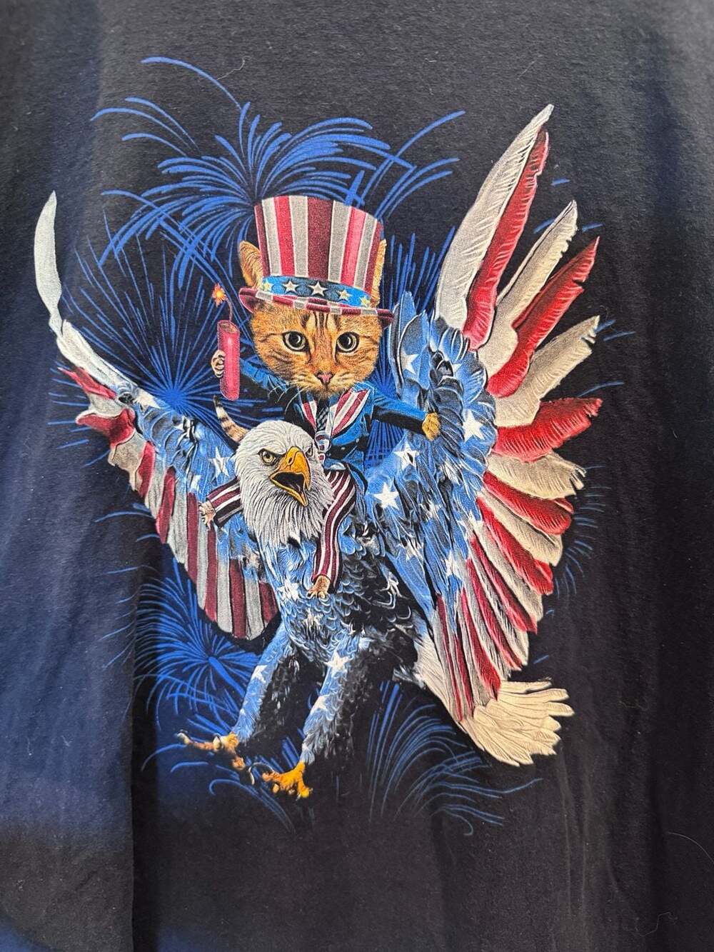 Fruit of the Loom Patriotic Cat Riding Bald Eagle Graphic T-Shirt 2XL